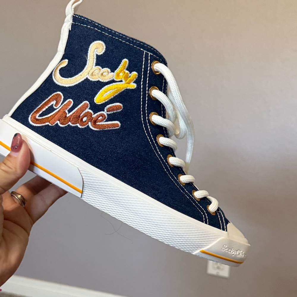See By Chloé Navy High-Top Sneakers with Yellow & Brown Embroidery